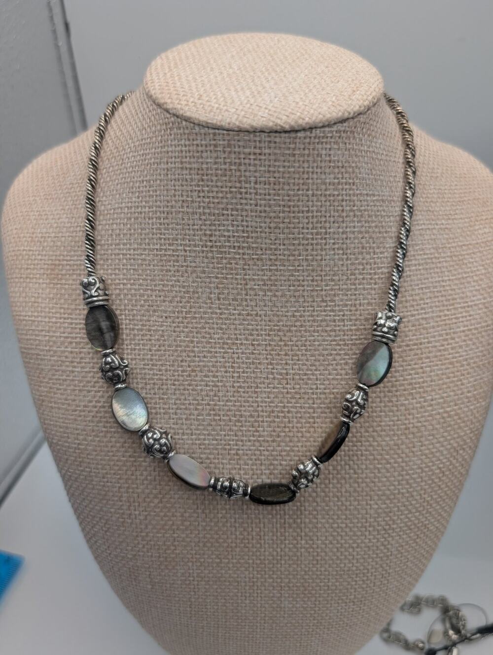 Brighton Abalone Shell & Silver Tone Beaded Twisted Rope Chain Necklace 17" Adj